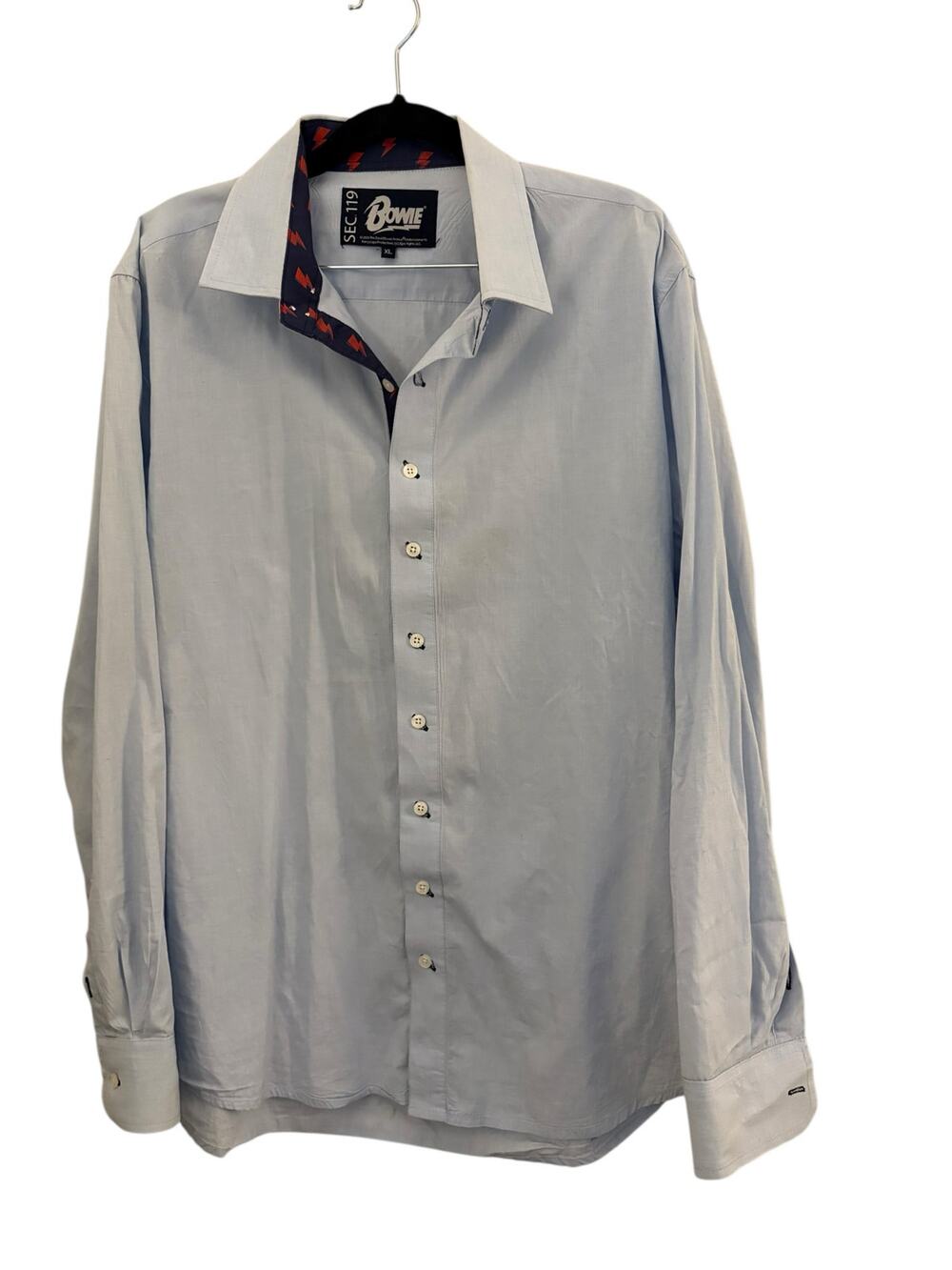 SEC 119 David Bowie Blue Casual Button Up Mens XL Embroidered Cuff Lightening